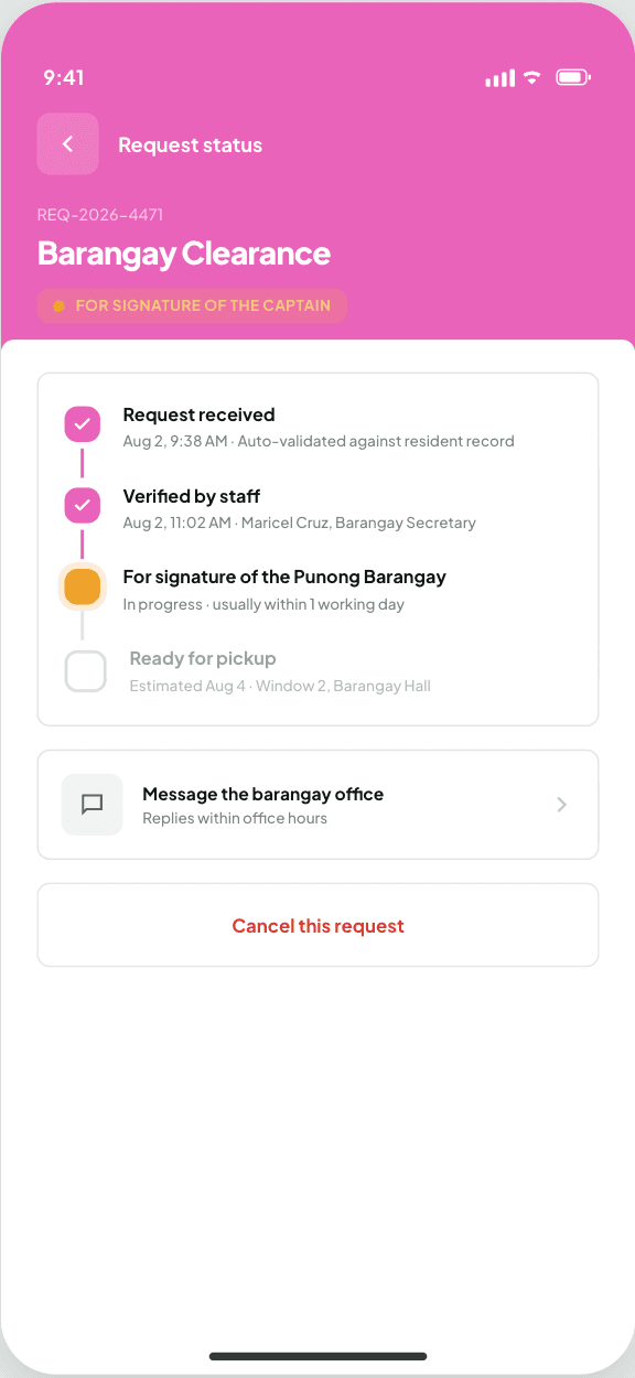 KAPY request status timeline for a Barangay Clearance application