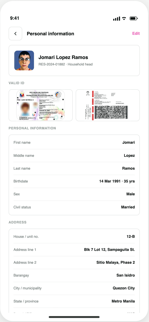 KAPY resident profile with verified household details and valid ID